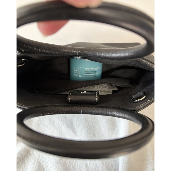 Fossil Black Leather Circle Handle Handbag Contrast Stitch Satchel Bag - Picture 5 of 7